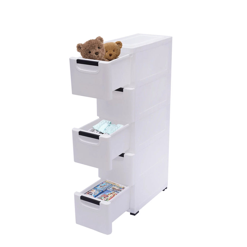 White Narrow Plastic 5 Drawer Dresser with Wheels W314513