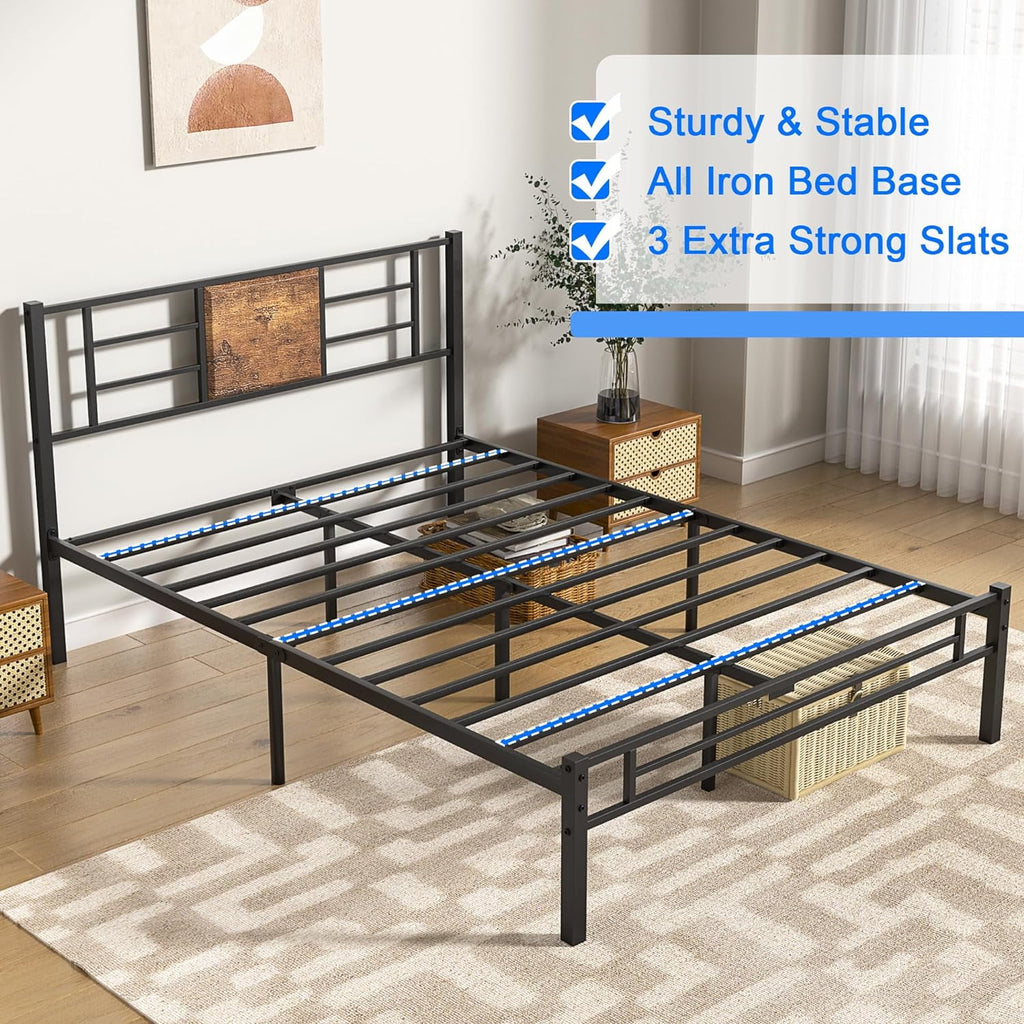 Queen Size Metal Platform Bed Frame with Wood Headboard I28752