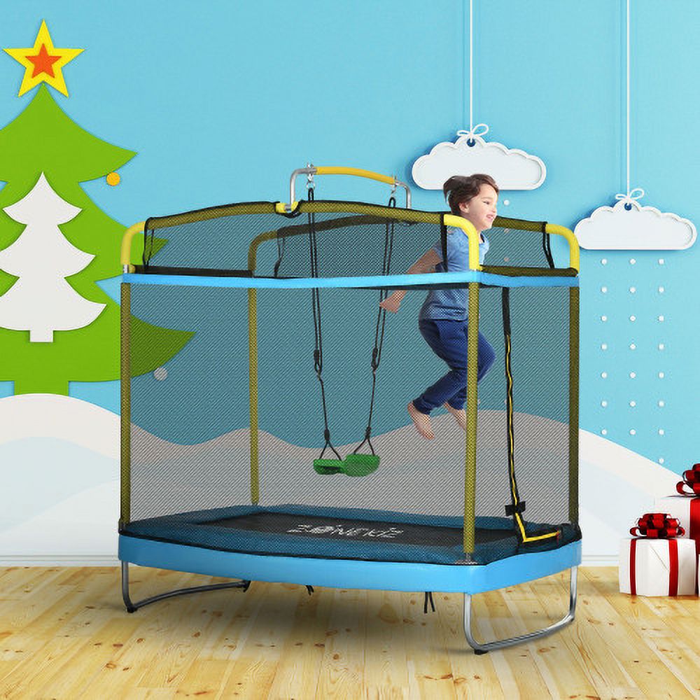 3-in-1 Kids Trampoline with Enclosure, Swing, Gymnastics Bar, Light Blue S9398