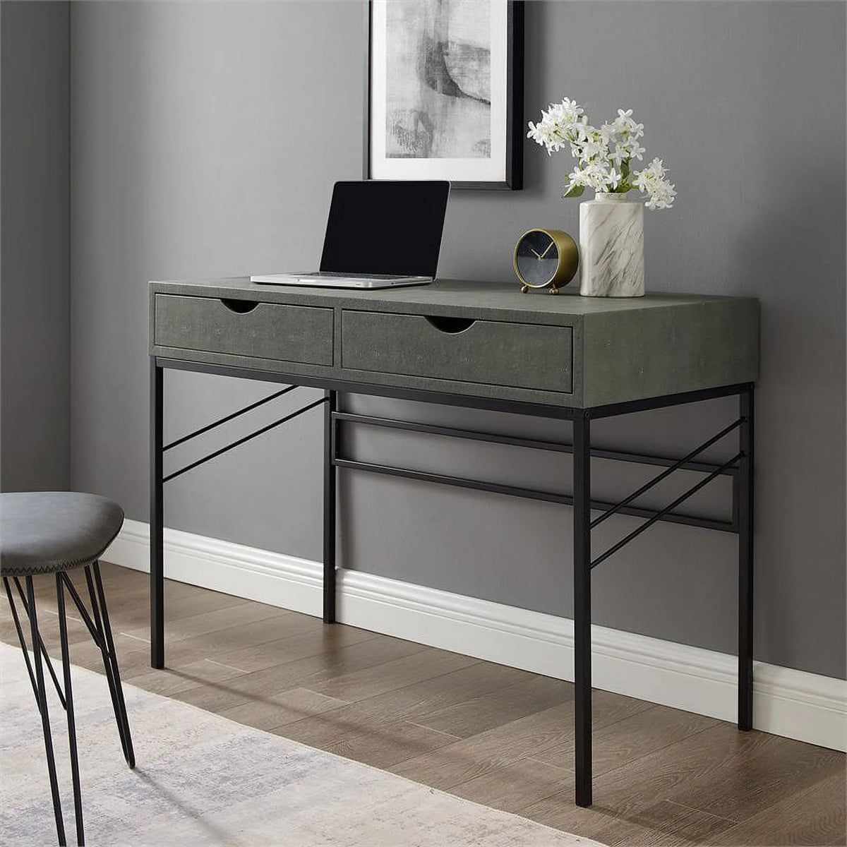 2 Drawer Gray Engineered Wood Writing Desk M6607
