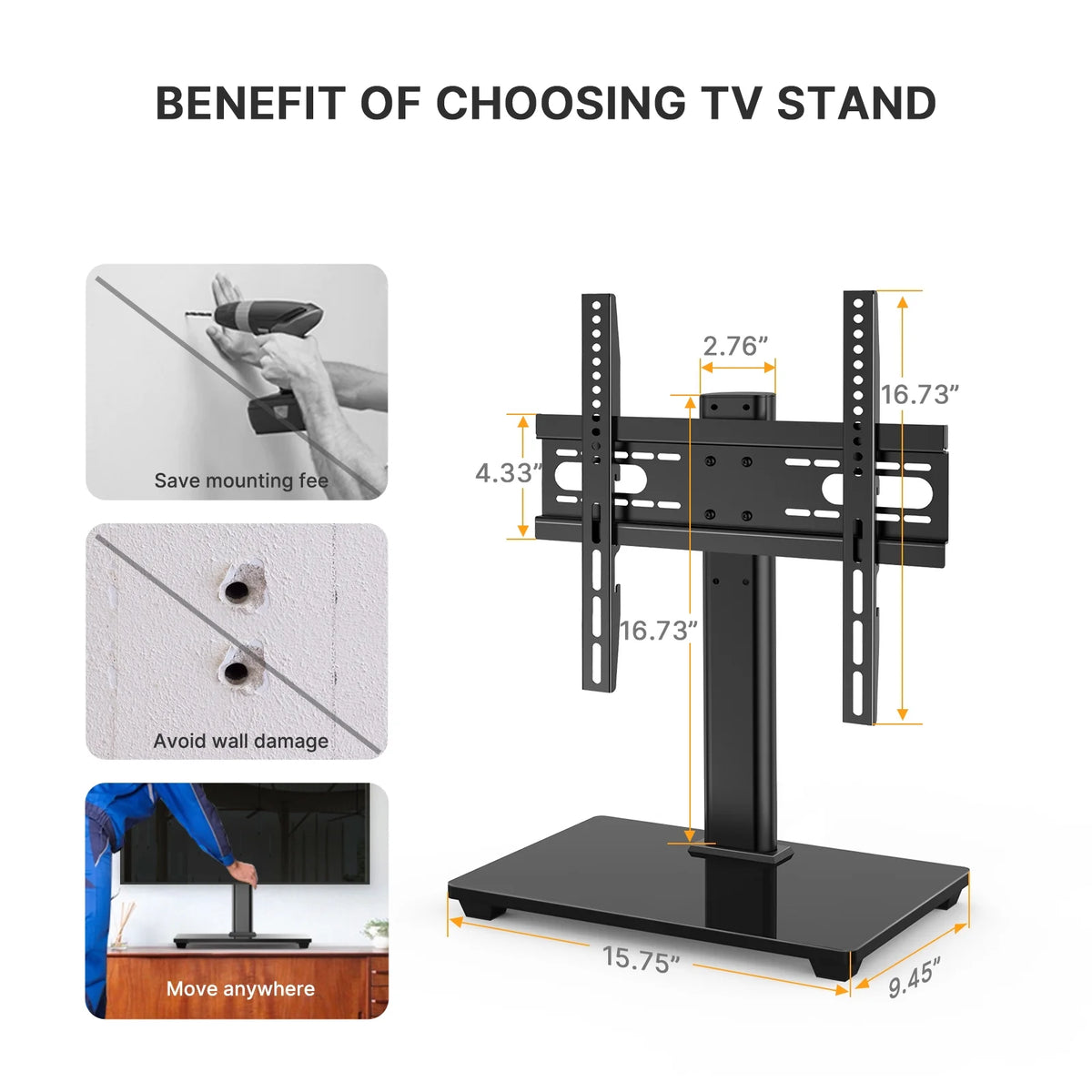 Universal TV Stand for 32-55 Inch TVs Height Adjustable Tempered Glass Base V389896