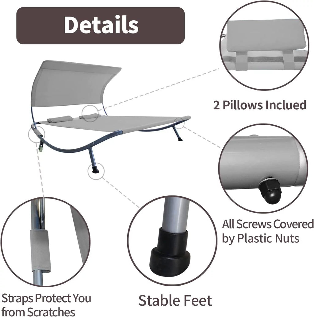 Double Chaise Lounge Bed with Canopy, Headrest Pillow and Wheels E806