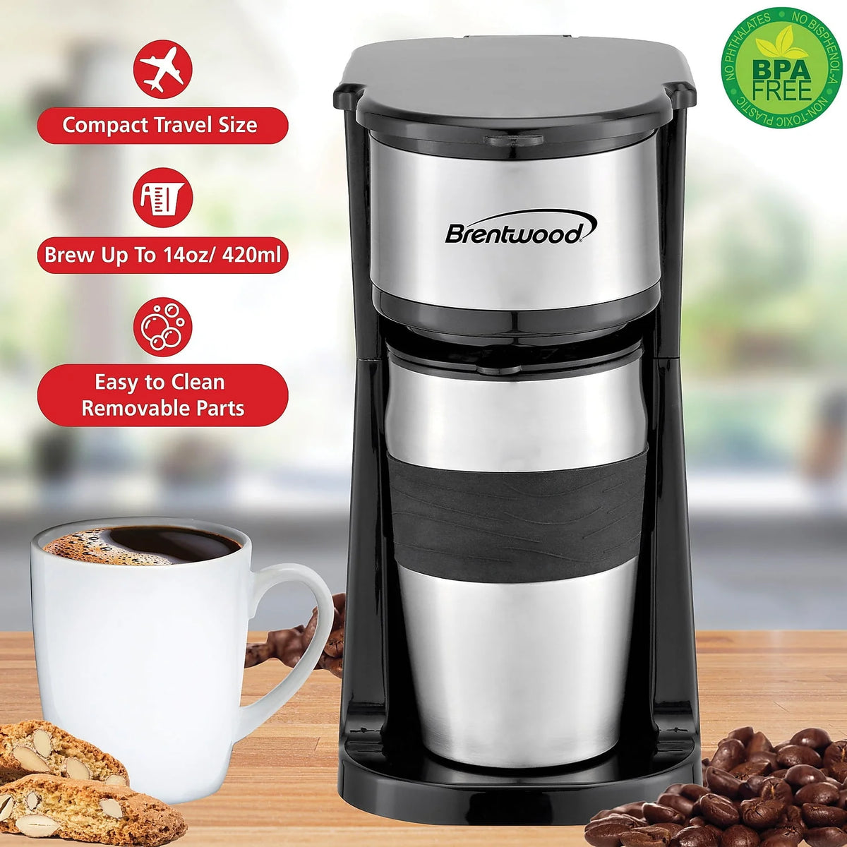 Portable Single-Serve Coffee Brewer with 14 oz Travel Mug L446
