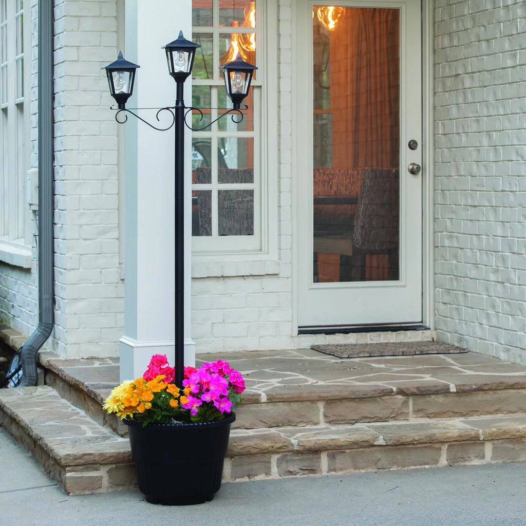 Black Triple Head Solar Lamp and Post Set with Round Planter B712