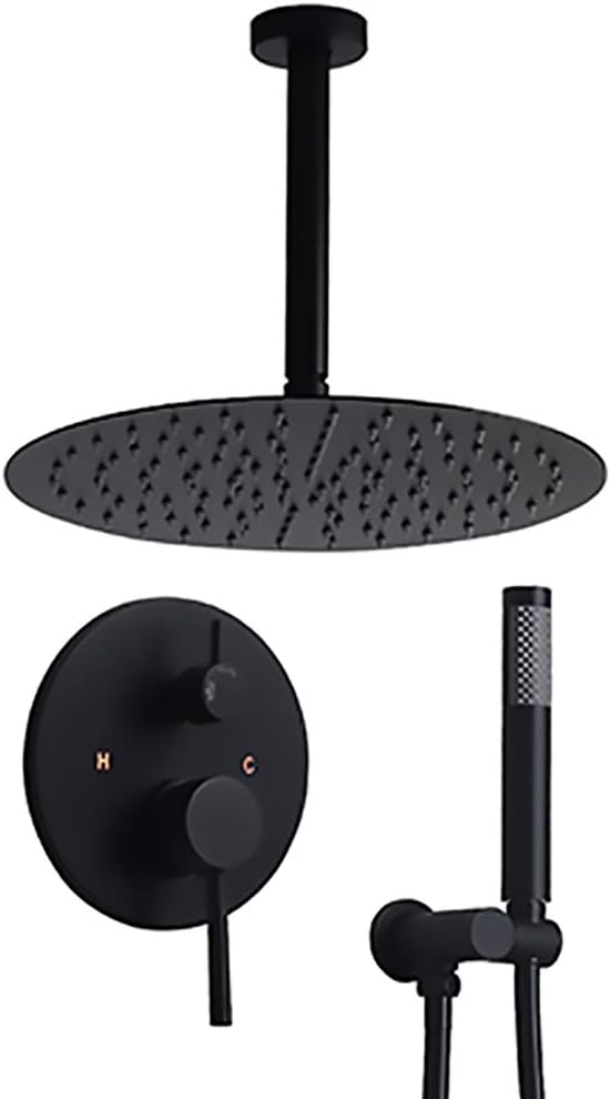 Matte Black 12" Ceiling Mounted Round Rainfall Shower with Hand Shower Wall Mount Combo Set with Rough-in Valve and Trims, Solid Brass T30051