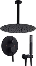 Matte Black 12" Ceiling Mounted Round Rainfall Shower with Hand Shower Wall Mount Combo Set with Rough-in Valve and Trims, Solid Brass T30051