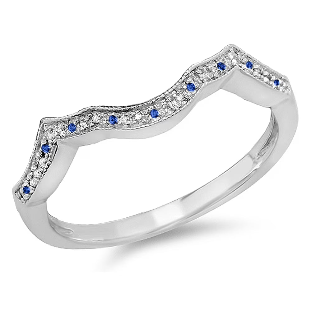 14K White Gold Blue Sapphire & White Diamond Wedding Band L986