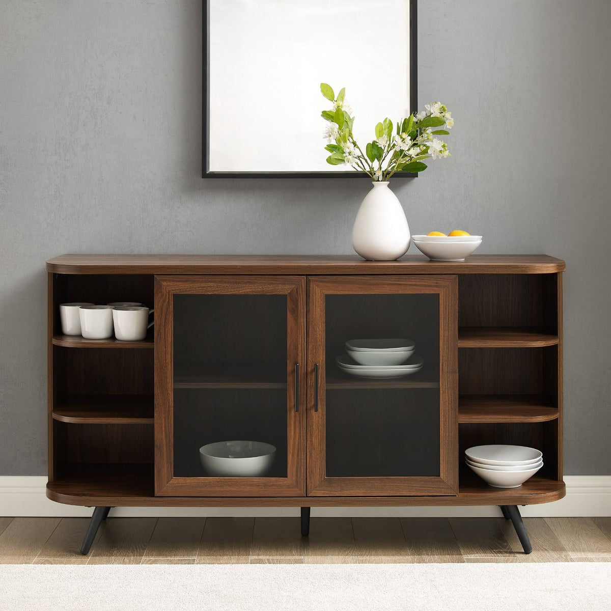Dark Walnut Curved Edge Glass Door Sideboard J485