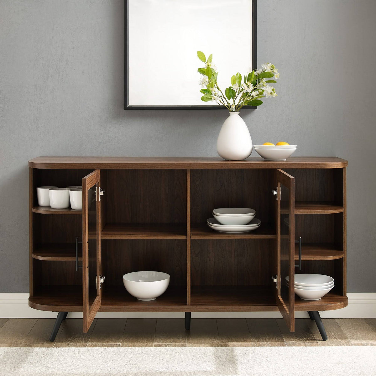 Dark Walnut Curved Edge Glass Door Sideboard J485