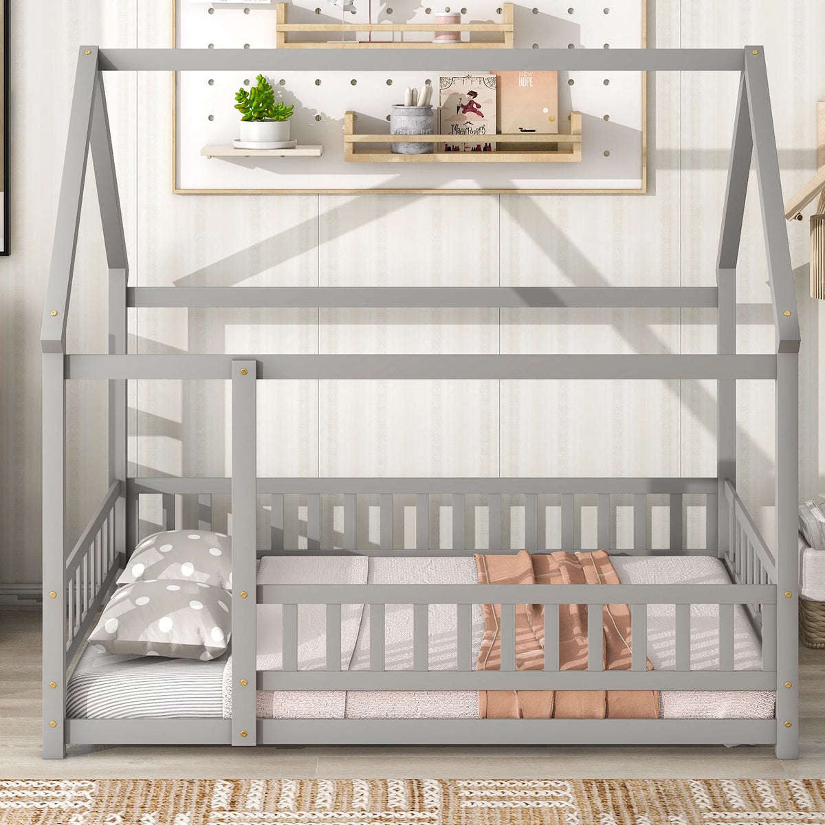 Full Size Gray House Bed Frame with Guardrails I836116