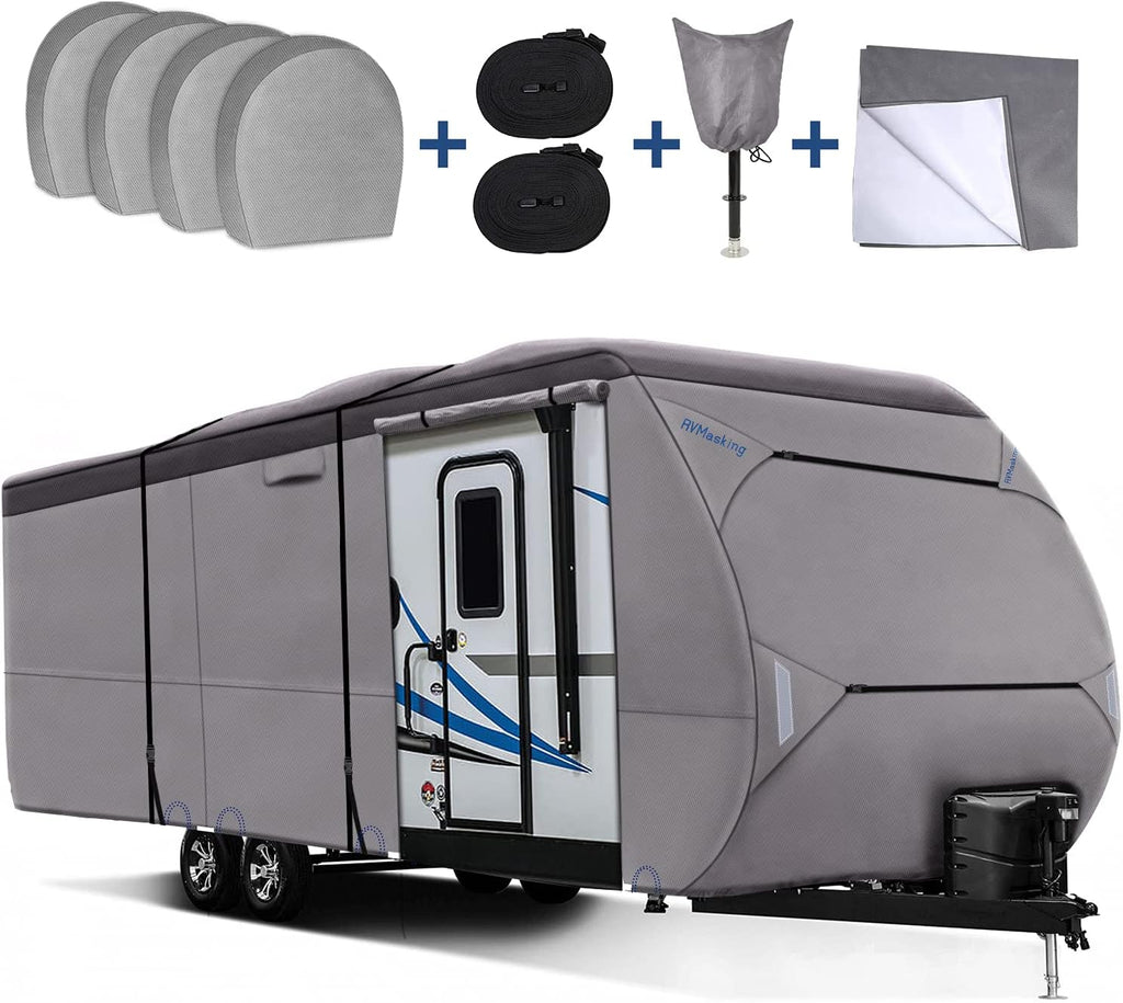 Upgraded Waterproof 500D Travel Trailer Cover with 4 Tire Covers, Tongue Jack Cover R5499