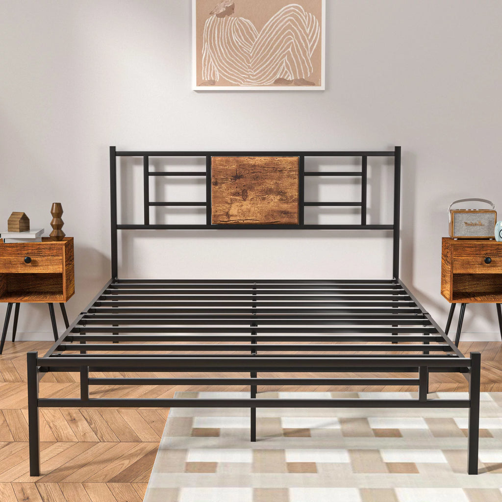 Queen Size Metal Platform Bed Frame with Wood Headboard I28752