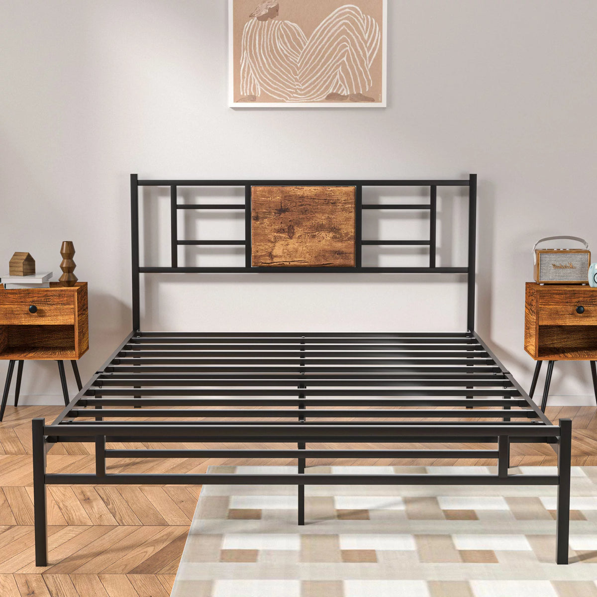 Queen Size Metal Platform Bed Frame with Wood Headboard I28752