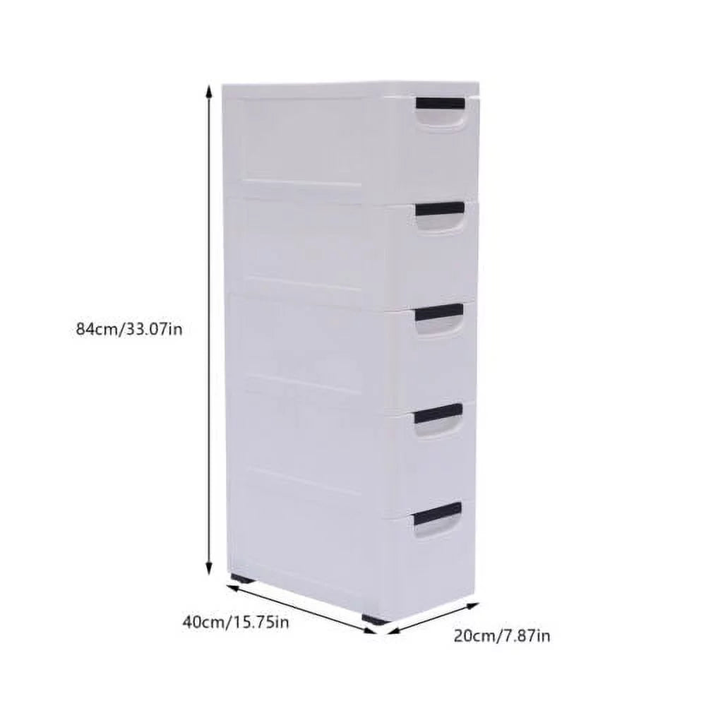 White Narrow Plastic 5 Drawer Dresser with Wheels W314513
