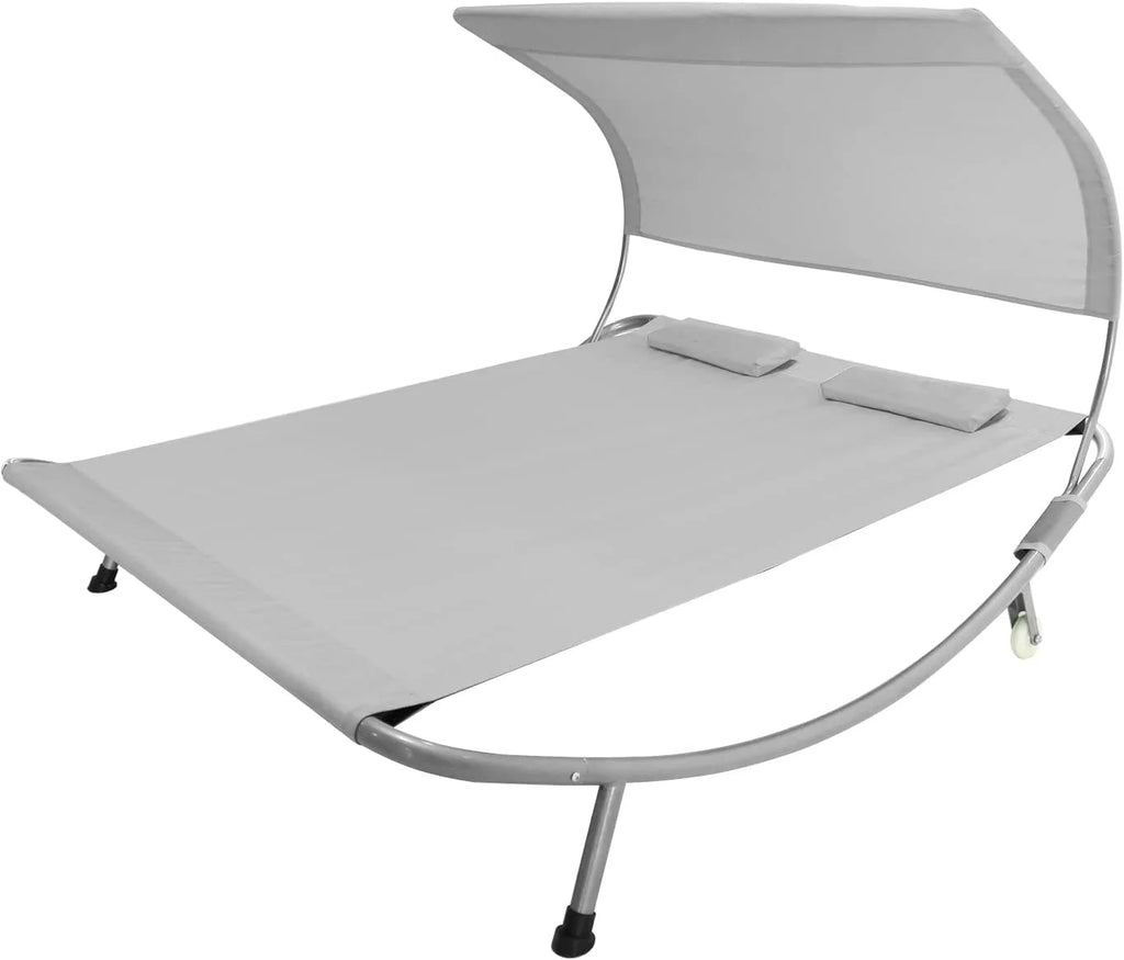 Double Chaise Lounge Bed with Canopy, Headrest Pillow and Wheels E806