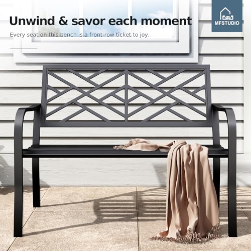 43.7 Inches Outdoor Garden Bench with Geometric Pattern Backrest, Black U5554